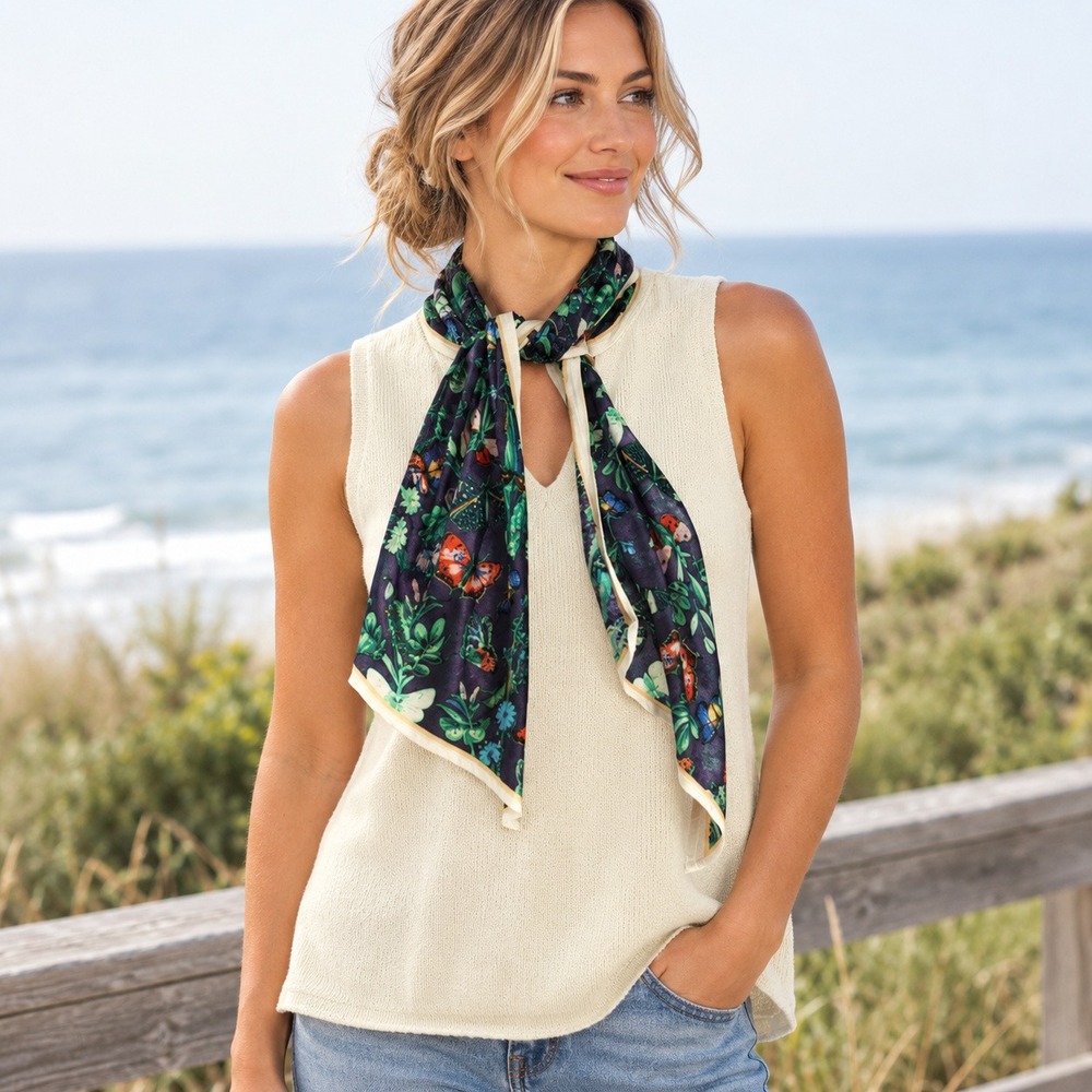 Moth Anthropology Scarf Neck Sweater Vest M Cream Butterfly Floral Silk Trim